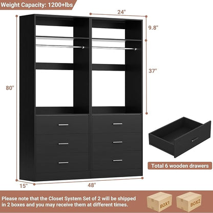 Besiost Closet System Set of 2, 4FT Closet Systems with 6 Wood Drawers, 48" Closet Organizer System with 2 Hanging Rods & 2 Shelves, Heavy Duty 48 Inch Walk-in Closet, Black (48"L x 15" W x 80" H)