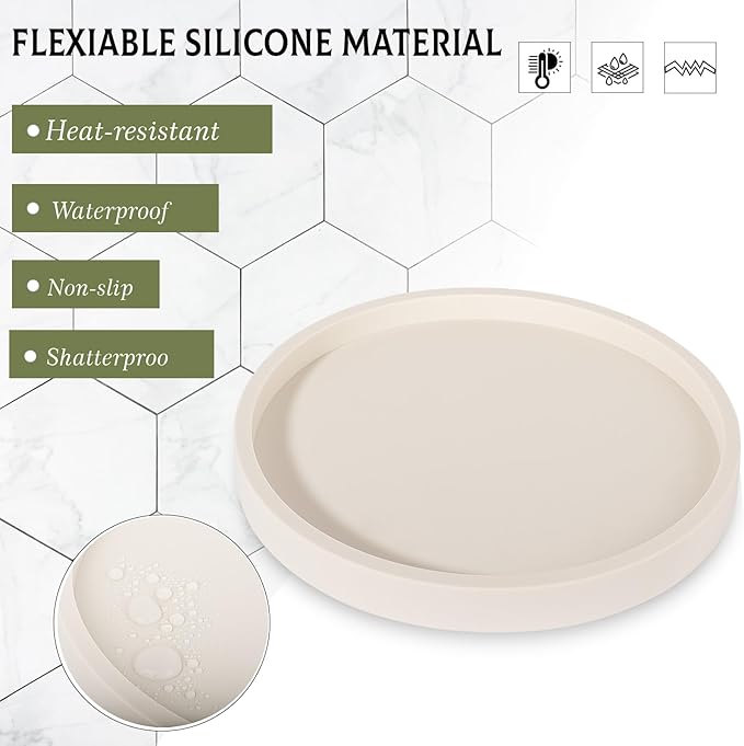 Silicone Bathroom Tray Round Vanity Tray Decorative Soap Holder Kitchen Countertop Organizer Coffee Table Decor for Candle, Perfume, Plant, 9 Inch, Beige