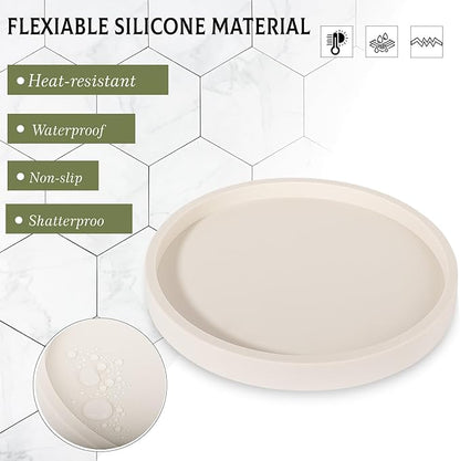 Silicone Bathroom Tray Round Vanity Tray Decorative Soap Holder Kitchen Countertop Organizer Coffee Table Decor for Candle, Perfume, Plant, 9 Inch, Beige