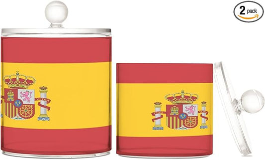 DOMIKING Spain Flag 2 Pack Bathroom Canisters Cotton Swab Holder Dispenser Plastic Cotton Ball Jar Acrylic Storage Containers for Cotton Swab Cotton Ball Cotton Round Pads