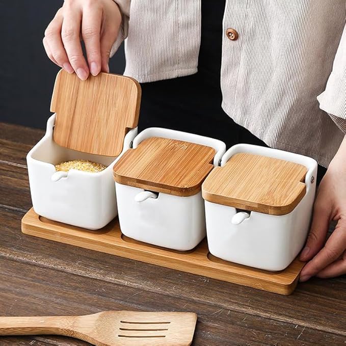 Ceramic Seasoning Jars Spice Containers with Lids, Flip Top Condiment Spice Food Storage Containers - Perfect Sugar Bowl, for Bowl, Chili, Spices, 9.4 Ounces, Set of 3 Jars, for Kitchen, Counter