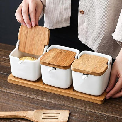 Ceramic Seasoning Jars Spice Containers with Lids, Flip Top Condiment Spice Food Storage Containers - Perfect Sugar Bowl, for Bowl, Chili, Spices, 9.4 Ounces, Set of 3 Jars, for Kitchen, Counter