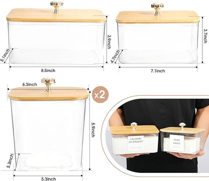 4 Pack Laundry Room Organization Storage Containers, Plastic Clear Laundry Pods Container & Dryer Sheet Holder Jars with Lids, Scoops & Labels for Detergent, Powder, Dryer Balls, Beads