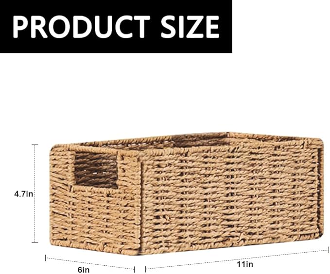 6 Pack Small Wicker Baskets, Wicker Woven Storage Basket Toilet Paper Baskets with Handles, Towel Basket for Home Organizing Shelves (Beige)