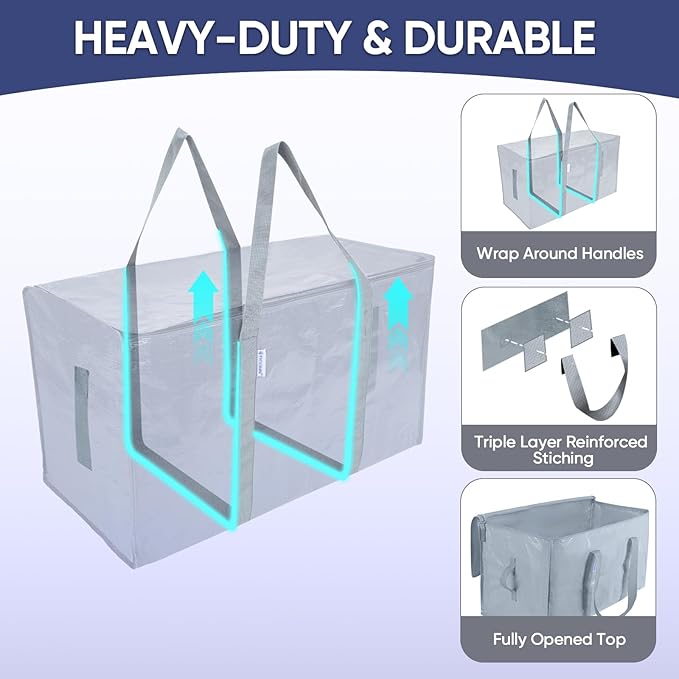 TICONN 4 Pack Extra Large Moving Bags Heavy Duty with Zippers & Carrying Handles, Durable Storage Bags Moving Boxes for Closet Organizers and Storage (4 Pack, Light Grey)