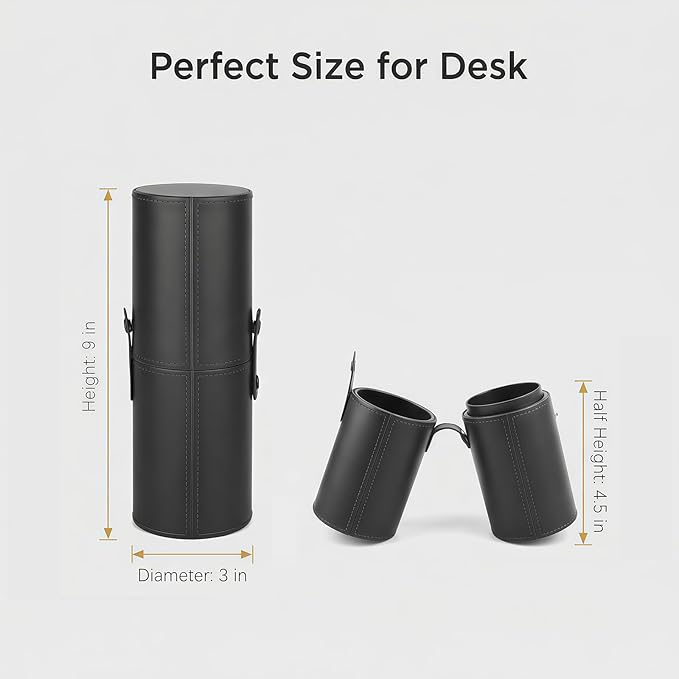 UPSTORE Portable Makeup Brush Case Black PU Leather Cosmetic Makeup Brush Holder Organizer for Short Brushes Cylindrical Design with Snap Closure 9 x 3.1 inch