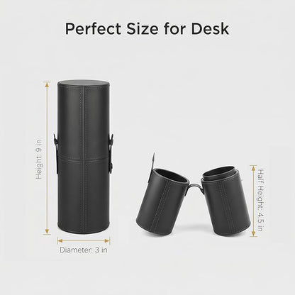 UPSTORE Portable Makeup Brush Case Black PU Leather Cosmetic Makeup Brush Holder Organizer for Short Brushes Cylindrical Design with Snap Closure 9 x 3.1 inch