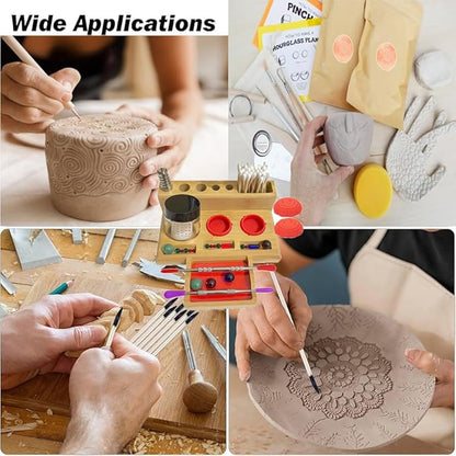 Bamboo Desk Organizer,Carving Tool Organizer with Non-sticky Mat and Silicone Container (16 x 15 x 4.5cm)