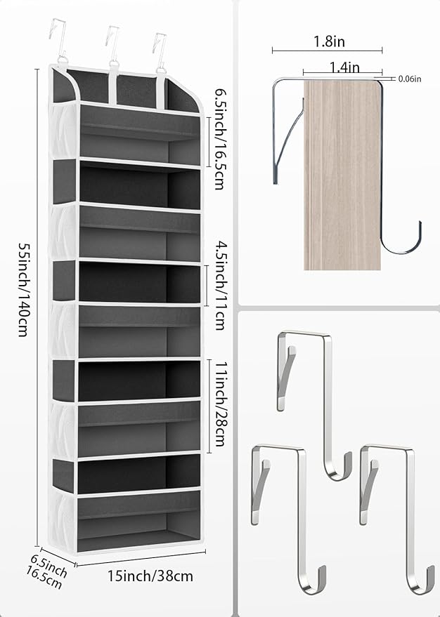 TAHAVICE 1 Pack Over the Door Organizer Storage, Hanging Organizer Closet with 5 Large Pockets 10 Mesh Pockets, 44 lbs Weight Capacity, Behind Door Storage for Nursery Bedroom Bathroom (Dark Grey)