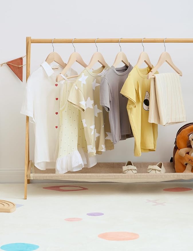 StorageWorks Baby Hangers 20 Pack, Lotus Wood Clothes Organizer for Toddler, Kids Wooden Hanger with Pant Bar for Closet, Natural Lotus Wood Color