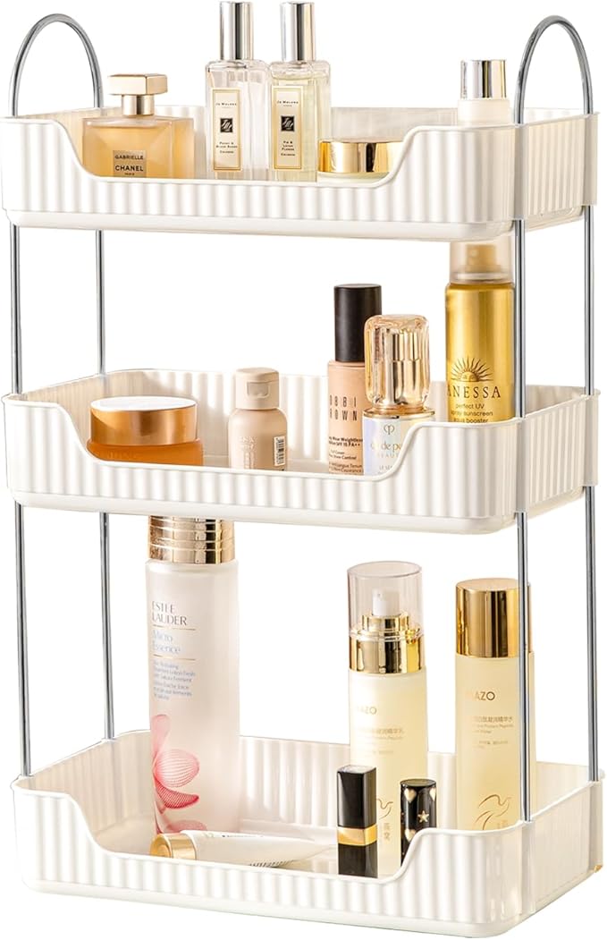 Shuang Qing Bathroom Counter Cosmetic Organizer, 3 Tier-Cream White, Alloy Steel & PET Plastic, Rectangular, Tiered, Perfect for Toiletries & Cosmetics