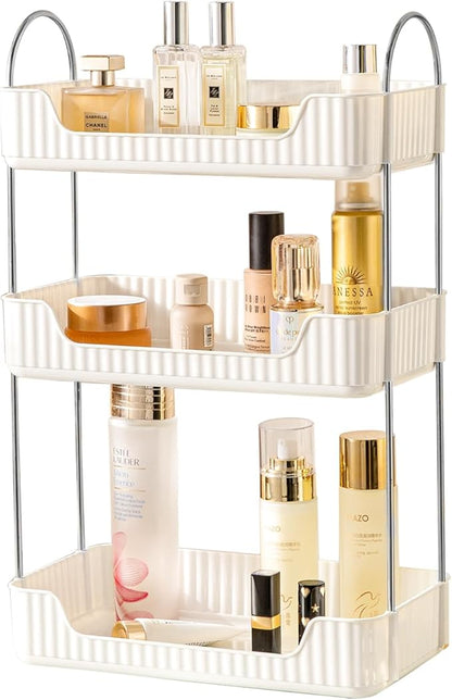 Shuang Qing Bathroom Counter Cosmetic Organizer, 3 Tier-Cream White, Alloy Steel & PET Plastic, Rectangular, Tiered, Perfect for Toiletries & Cosmetics