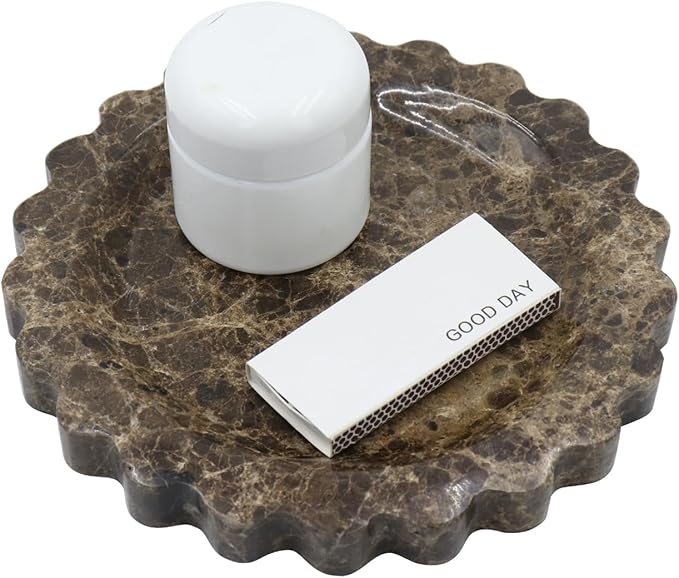 Round Marble Decorative Tray with Scalloped Edge, Luxury Natural Stone Bathroom Vanity Tray, Dresser Top Perfume Coffee Home Kitchen Sink Tray, Key Trinket Ring
