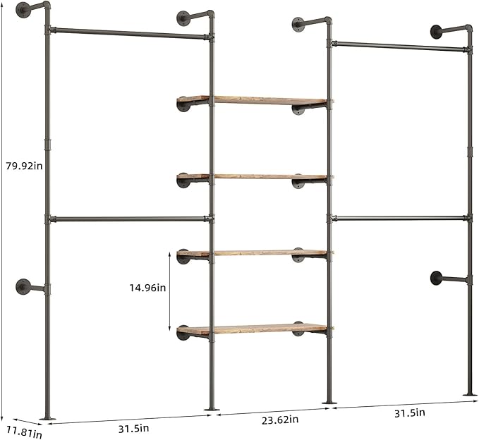Industrial Pipe Clothing Rack, Heavy Duty Adjustable Garment Hanger with Shelves, 2 Installation Methods Closet Storage System for Wardrobe Organization (Black, 80" H x 86" W)