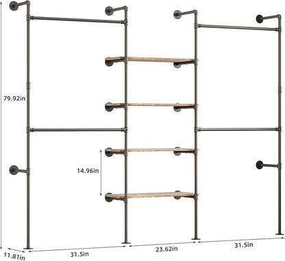 Industrial Pipe Clothing Rack, Heavy Duty Adjustable Garment Hanger with Shelves, 2 Installation Methods Closet Storage System for Wardrobe Organization (Black, 80" H x 86" W)