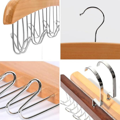 4 Pack Tie Rack Hanger with 8 Metal Hooks, Space Saving Necktie Organizer for Men – Large Capacity Tie and Belt Wooden Hanger for Closet (Brown)