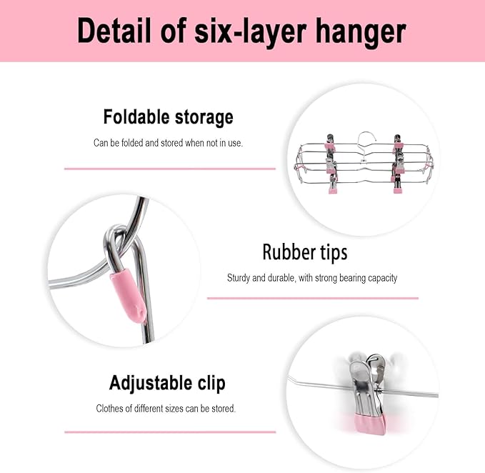 Skirt Pants Hangers with Clips,6Tier Skirt Hangers Space Saving,Metal Multi Pants Hangers and Storage Multi Clothes Shorts Hanger Organization,Space Saving Hangers with Clips (Pink, 4-Piece Set)