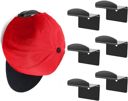 Modern JP Metal Adhesive Hat Hooks for Wall (6-Pack) - Optional Screws Included, Minimalist Hat Rack for Wall, Strong Hold Hat Hangers for Wall - Stainless Steel, Chrome Black