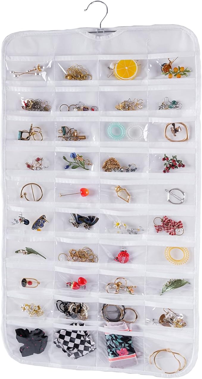 Bloss Hanging Jewelry Organizer, Double Sided 80 Pockets Jewelry Chain Storage Bag 2 Layer of Fabric Jewelry Organizer Holder for Necklace Bracelet Earring Rings - White