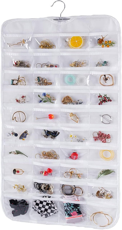 Bloss Hanging Jewelry Organizer, Double Sided 80 Pockets Jewelry Chain Storage Bag 2 Layer of Fabric Jewelry Organizer Holder for Necklace Bracelet Earring Rings - White
