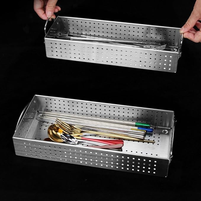 Hemoton Stainless Steel Chopsticks Holder Utensil Organizer Case with Drainage Large Capacity Rectangular Kitchen Storage Box for Cutlery and Cooking Tools