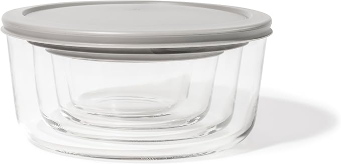 8-Piece Glass Food Storage Containers Set (4 Containers + 4 Lids) | Round, Nesting, Microwave & Dishwasher Safe | BPA-Free, Space-Saving | Grey Lids for Pantry & Kitchen Organization, Grey