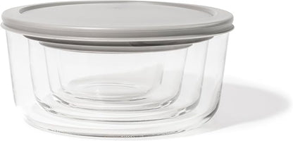 8-Piece Glass Food Storage Containers Set (4 Containers + 4 Lids) | Round, Nesting, Microwave & Dishwasher Safe | BPA-Free, Space-Saving | Grey Lids for Pantry & Kitchen Organization, Grey