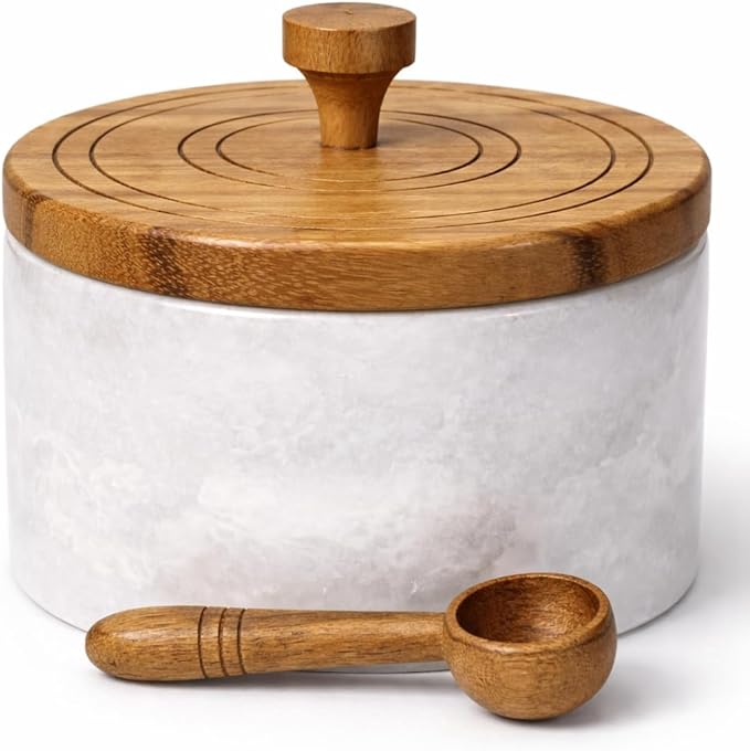 Marble salt cellar with lid and spoon, salt container with spoon, salt bowl with acacia wood lid, salt holder for countertop, salt jar - White