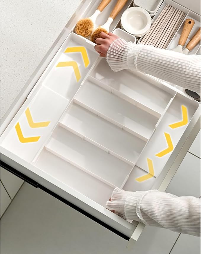 Retractable Drawer Storage Box - 6 Detachable Dividers with 2.04 Inch Shallow Drawer Height PET for Kitchen Utensils, Cosmetics, Office Supplies Storage (10.43 Inch L,20.27 Inch)