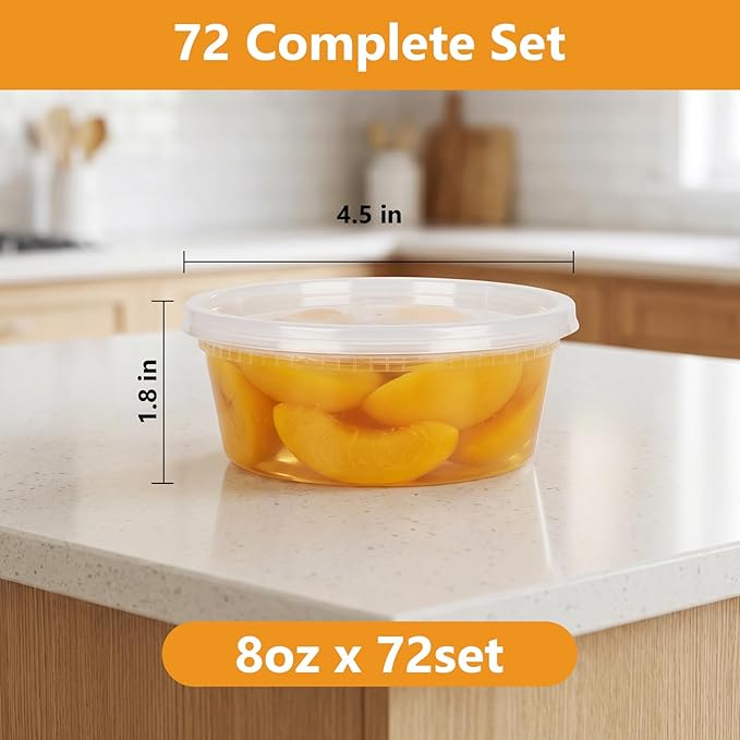 NESCCI 72 Sets (144-Piece) Deli Containers with Lids,8oz X 72 Set Each, Leak-Proof & BPA Free Airtight Takeout Plastic Food Storage Containers for Soup, Meal Prep, Microwave/Freezer Safe