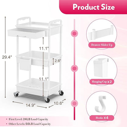 SUNALLY Makeup Cart Organizer with Drawers, Floor Skincare Organizers Vanity Storage Organizer, Rolling Makeup Bathroom Storage Cart Cosmetics Display Cases for Skin Care Perfume Nail Polish, White