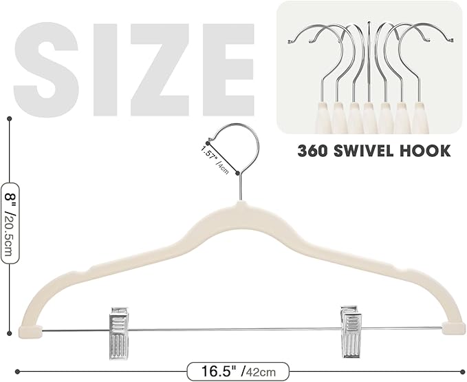 24-Pack Beige Velvet Hangers with Clips Adjustable,Adult Hangers,Heavy-Duty,Felt,Non-Slip,Space Saving,Slim Outfit Hanger for Pants, Skirts, Suits,Coats, Dresses ect.
