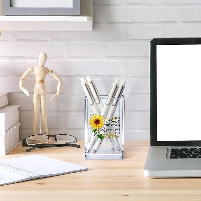 Rise Above The Storm and You Will find The Sunshine Acrylic Cosmetic Pencil Pen Holder Cup, Positive Sunflower Desk Organizer Accessories for Home Office Decor, Motivational Gifts for Women Girl