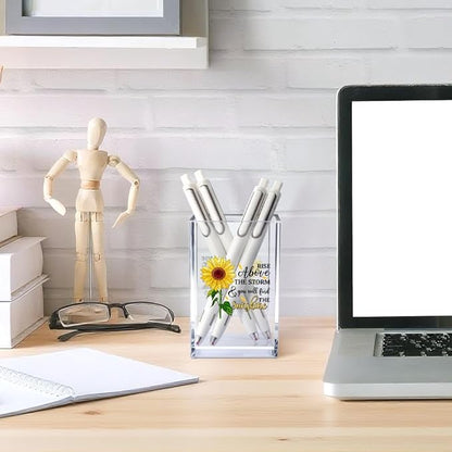 Rise Above The Storm and You Will find The Sunshine Acrylic Cosmetic Pencil Pen Holder Cup, Positive Sunflower Desk Organizer Accessories for Home Office Decor, Motivational Gifts for Women Girl