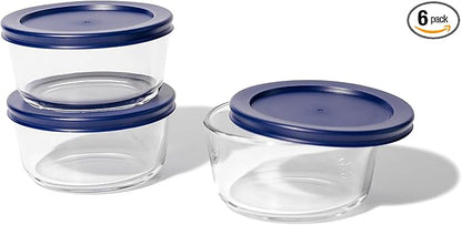 6-Piece Glass Food Storage Containers Set (3 Containers + 3 BPA-Free Lids) | 2-Cup, Leakproof | Microwave, Freezer, Oven & Dishwasher Safe | Ideal for Meal Prep & Pantry Organization, Blue