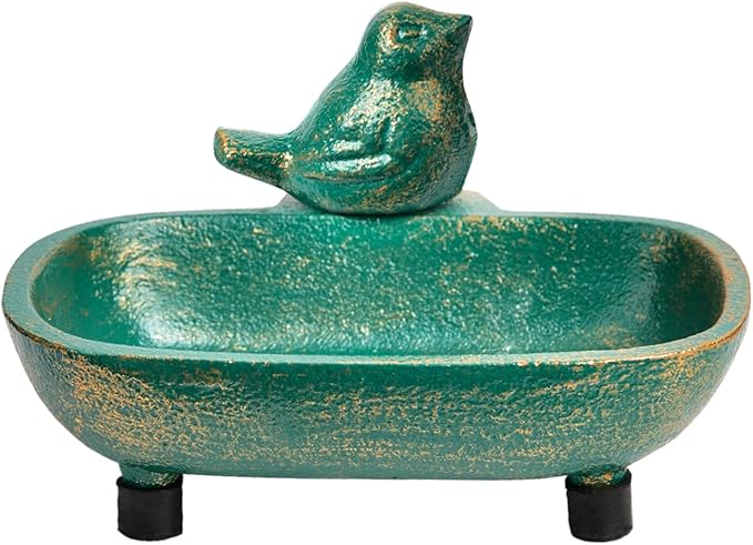 Sungmor Heavy Duty Cast Iron Hand Soap Holder - Lovely Bird Shaped & Antique Green Finish - Decorative Tabletop Soap Dish Tray for Kitchen Bathroom Sink - Practical Bath Soap Box Container