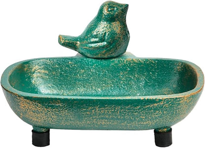 Sungmor Heavy Duty Cast Iron Hand Soap Holder - Lovely Bird Shaped & Antique Green Finish - Decorative Tabletop Soap Dish Tray for Kitchen Bathroom Sink - Practical Bath Soap Box Container