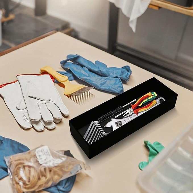 Bamboo Kitchen Drawer Organizer Black Box - Utensil Organizer Silverware Tray Cutlery Holder, Desk Supplies & Accessories, 12"*4"*2"