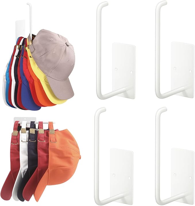 Hat Racks for Baseball Caps 4 Pack, Stainless Steel Adhesive Hat Hanger Hooks Holder for Wall, Multi-Purpose Strong Hook Organizer Can Hold More Than 40 Hats for Door/Closet