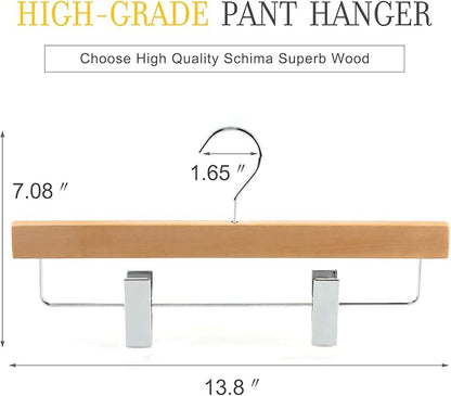 TOPIA HANGER Pants Hangers, Luxury Natural Wooden Skirts Hangers with 2 Big Premium Metal Clips and 360° Swivel Anti-Rust Flat Hook, 20 Pack Boutique Hanger for Skirts, Trousers, Jeans, Slacks, CT03N