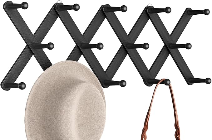 Accordion Wall Hanger, Hat Rack for Wall with 14 Coat Hooks, Expandable Hat Hangers Organizer, Vintage Decorative Coat Rack Wall Mount for Purse, Mug (Black)