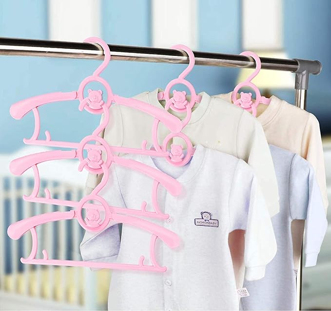 HGYZE Kids Hangers 11"-14" Adjustable Plastic Baby Girl Hangers 20 Pack, Toddler Bear Hanger for Children's Clothes Sweaters, Infant Hangar for Closet with Non-Slip Shoulder Grooves & Pants Bar, Pink