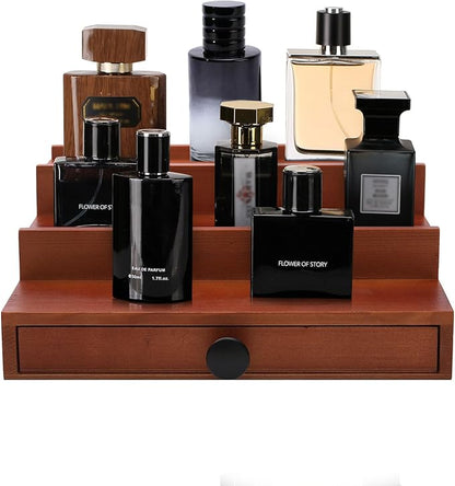 3 Tier Cologne Organizer for Men - Brown Wooden Cologne Perfume Display Stand with Drawer and Hidden Compartment, Mens Cologne Rack Holder Shelf for Room
