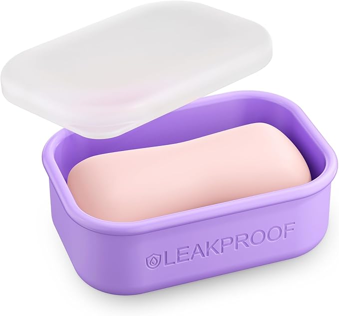 Quatish Compact Leakproof Travel Soap Case, Silicone Soap Box with Draining Layer, Enhanced Soap Container, Suitable for Camping, Gym, Bathroom, Outdoor Essentials, Purple