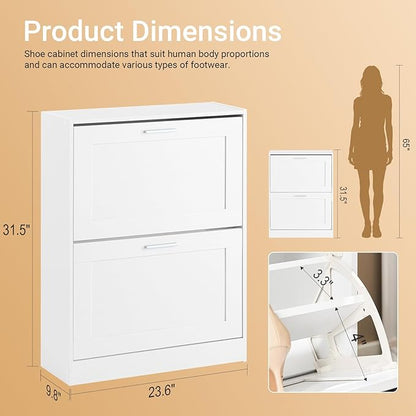 Haotian Shoe Cabinet Storage for Entryway, Narrow Shoe Cabinet with Two Flip Drawers to Save Space, Shoe Rack Cabinet for Front Door Entrance Hallway (White)