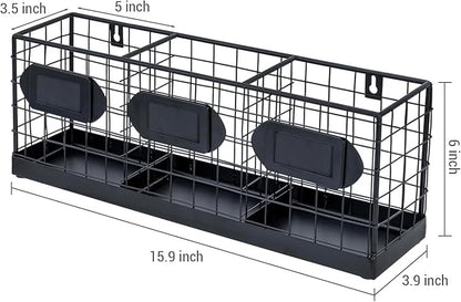 MyGift Wall Mountable Black Metal Utensil Holder Organizer, 15.7" Countertop Kitchen Silverware Flatware Caddy Holder Storage Basket with 3 Compartments and Chalkboard Labels