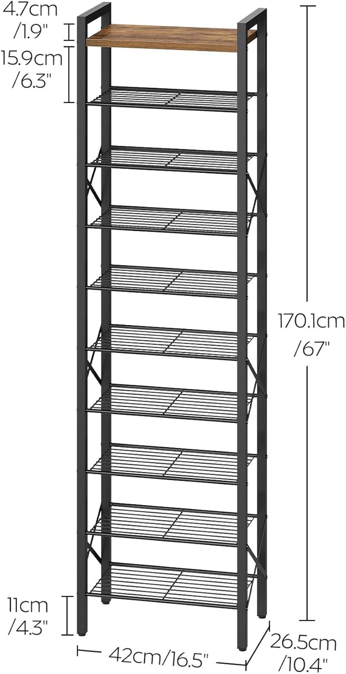YATINEY 10-Tier Narrow Shoe Rack, Tall Shoe Rack for 10-20 Pairs, Slim Shoe Storage Organizer with Wooden Top, Space Saving, Metal Frame, for Entryway, Rustic Brown and Black SS68BR