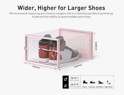 Kuject X-Large Shoe Storage Boxes Organizers Clear Plastic Stackable 12 Pack, Shoe Rack & Holder Substitute, Sneaker Containers, Toy Storage Organizer Bins for Entryway, Closet, Under Bed, Pink