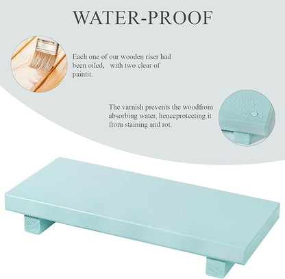 zoocatia Small Wood Tray Pedestal Stand Farmhouse Bathroom Decor Decorative Wooden Riser Kitchen Soap Dish Holder for Vanity, Counter, Sink, 10" x 4.5" - Light Blue