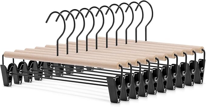 Nature Smile Beech Wooden Pants Skirt Hanger for Jeans Bottom Trousers with 2-Adjustable Black Matt Clips and Hook 10 Pack (Natural Wood+Black Metal)
